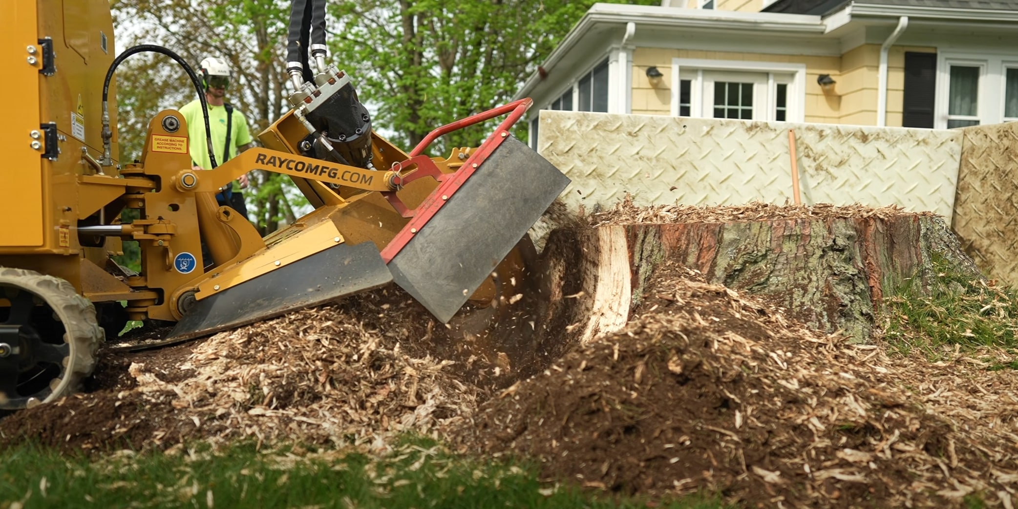 Professional stump grinding service in residential Mankato backyard
